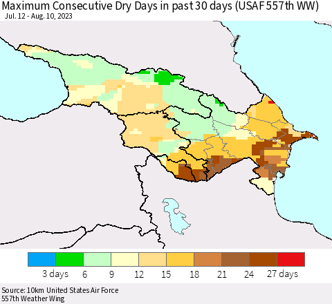 Azerbaijan, Armenia and Georgia Maximum Consecutive Dry Days in past 30 days (USAF 557th WW) 08/10/2023 Thematic Map For 8/6/2023 - 8/10/2023