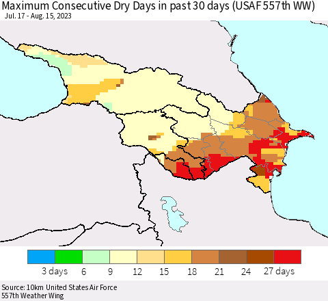 Azerbaijan, Armenia and Georgia Maximum Consecutive Dry Days in past 30 days (USAF 557th WW) 08/15/2023 Thematic Map For 8/11/2023 - 8/15/2023