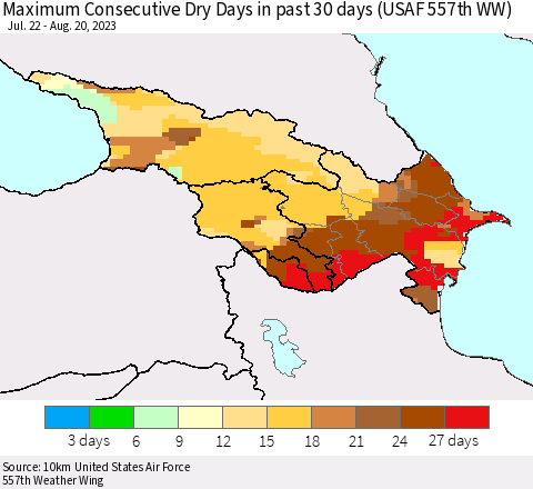 Azerbaijan, Armenia and Georgia Maximum Consecutive Dry Days in past 30 days (USAF 557th WW) 08/20/2023 Thematic Map For 8/16/2023 - 8/20/2023