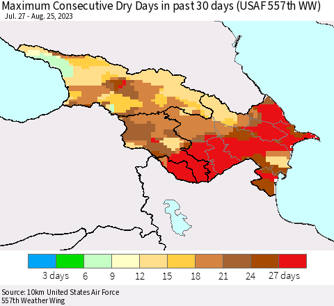 Azerbaijan, Armenia and Georgia Maximum Consecutive Dry Days in past 30 days (USAF 557th WW) 08/25/2023 Thematic Map For 8/21/2023 - 8/25/2023