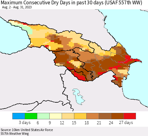 Azerbaijan, Armenia and Georgia Maximum Consecutive Dry Days in past 30 days (USAF 557th WW) 08/31/2023 Thematic Map For 8/26/2023 - 8/31/2023