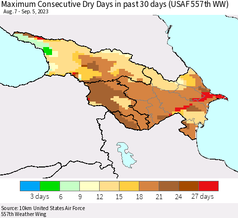 Azerbaijan, Armenia and Georgia Maximum Consecutive Dry Days in past 30 days (USAF 557th WW) 09/05/2023 Thematic Map For 9/1/2023 - 9/5/2023