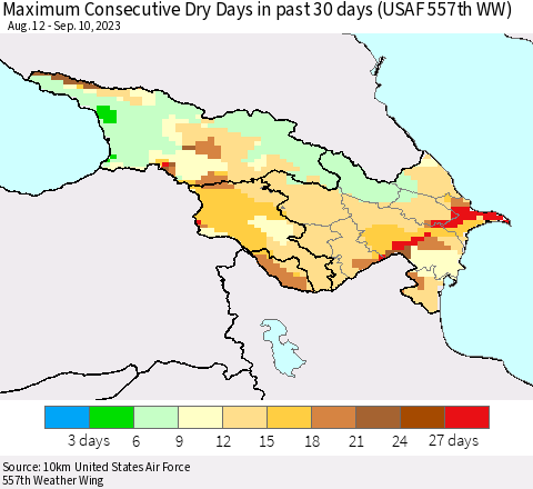 Azerbaijan, Armenia and Georgia Maximum Consecutive Dry Days in past 30 days (USAF 557th WW) 09/10/2023 Thematic Map For 9/6/2023 - 9/10/2023
