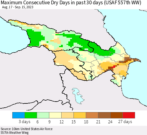 Azerbaijan, Armenia and Georgia Maximum Consecutive Dry Days in past 30 days (USAF 557th WW) 09/15/2023 Thematic Map For 9/11/2023 - 9/15/2023