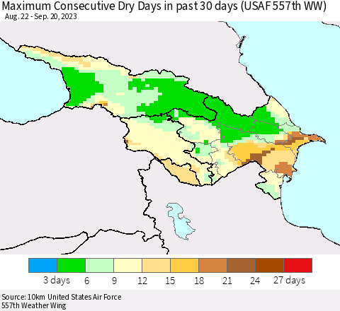 Azerbaijan, Armenia and Georgia Maximum Consecutive Dry Days in past 30 days (USAF 557th WW) 09/20/2023 Thematic Map For 9/16/2023 - 9/20/2023