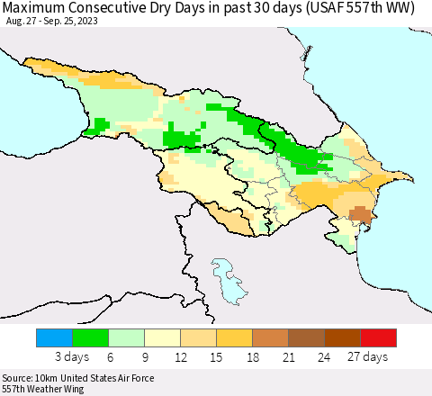 Azerbaijan, Armenia and Georgia Maximum Consecutive Dry Days in past 30 days (USAF 557th WW) 09/25/2023 Thematic Map For 9/21/2023 - 9/25/2023
