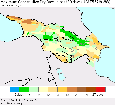 Azerbaijan, Armenia and Georgia Maximum Consecutive Dry Days in past 30 days (USAF 557th WW) 09/30/2023 Thematic Map For 9/26/2023 - 9/30/2023