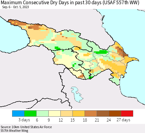 Azerbaijan, Armenia and Georgia Maximum Consecutive Dry Days in past 30 days (USAF 557th WW) 10/05/2023 Thematic Map For 10/1/2023 - 10/5/2023