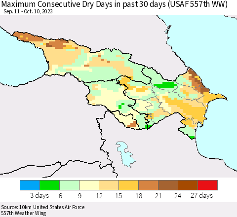 Azerbaijan, Armenia and Georgia Maximum Consecutive Dry Days in past 30 days (USAF 557th WW) 10/10/2023 Thematic Map For 10/6/2023 - 10/10/2023