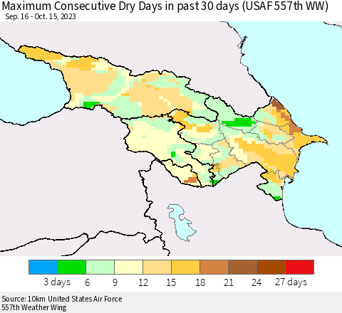 Azerbaijan, Armenia and Georgia Maximum Consecutive Dry Days in past 30 days (USAF 557th WW) 10/15/2023 Thematic Map For 10/11/2023 - 10/15/2023