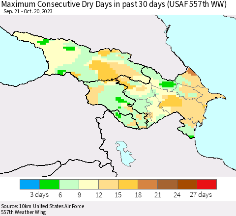 Azerbaijan, Armenia and Georgia Maximum Consecutive Dry Days in past 30 days (USAF 557th WW) 10/20/2023 Thematic Map For 10/16/2023 - 10/20/2023