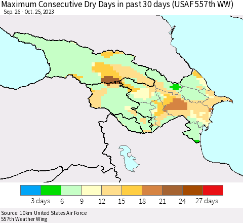 Azerbaijan, Armenia and Georgia Maximum Consecutive Dry Days in past 30 days (USAF 557th WW) 10/25/2023 Thematic Map For 10/21/2023 - 10/25/2023