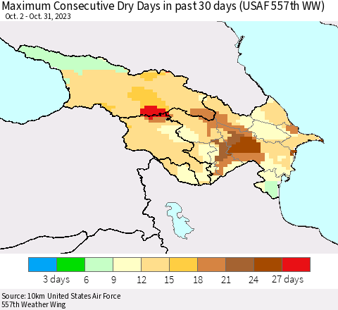 Azerbaijan, Armenia and Georgia Maximum Consecutive Dry Days in past 30 days (USAF 557th WW) 10/31/2023 Thematic Map For 10/26/2023 - 10/31/2023