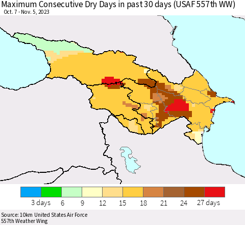 Azerbaijan, Armenia and Georgia Maximum Consecutive Dry Days in past 30 days (USAF 557th WW) 11/05/2023 Thematic Map For 11/1/2023 - 11/5/2023
