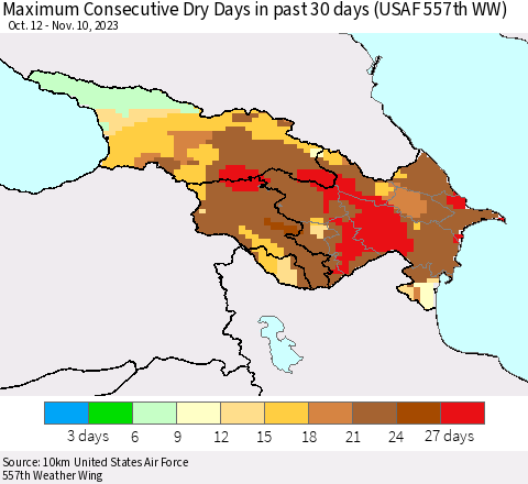 Azerbaijan, Armenia and Georgia Maximum Consecutive Dry Days in past 30 days (USAF 557th WW) 11/10/2023 Thematic Map For 11/6/2023 - 11/10/2023