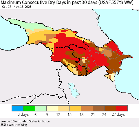 Azerbaijan, Armenia and Georgia Maximum Consecutive Dry Days in past 30 days (USAF 557th WW) 11/15/2023 Thematic Map For 11/11/2023 - 11/15/2023