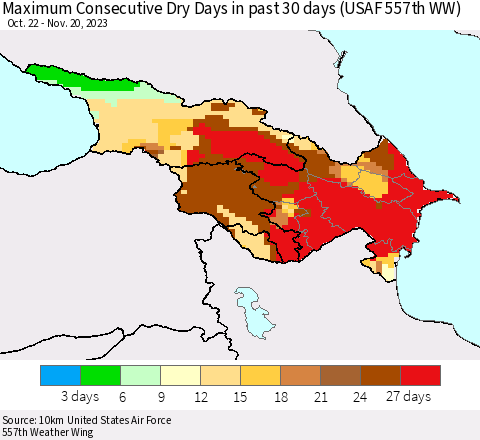 Azerbaijan, Armenia and Georgia Maximum Consecutive Dry Days in past 30 days (USAF 557th WW) 11/20/2023 Thematic Map For 11/16/2023 - 11/20/2023