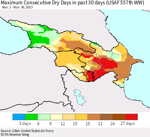 Azerbaijan, Armenia and Georgia Maximum Consecutive Dry Days in past 30 days (USAF 557th WW) 11/30/2023 Thematic Map For 11/26/2023 - 11/30/2023