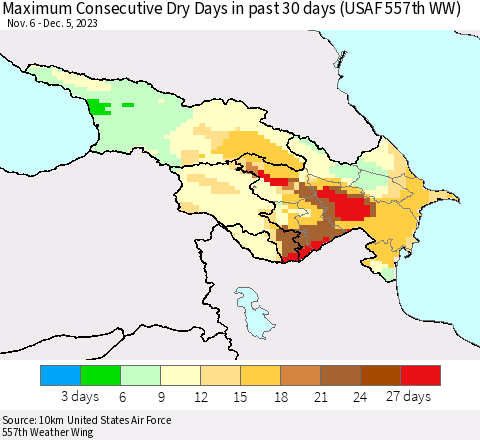 Azerbaijan, Armenia and Georgia Maximum Consecutive Dry Days in past 30 days (USAF 557th WW) 12/05/2023 Thematic Map For 12/1/2023 - 12/5/2023