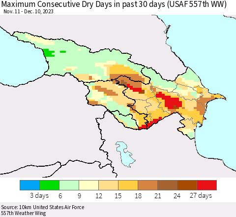 Azerbaijan, Armenia and Georgia Maximum Consecutive Dry Days in past 30 days (USAF 557th WW) 12/10/2023 Thematic Map For 12/6/2023 - 12/10/2023