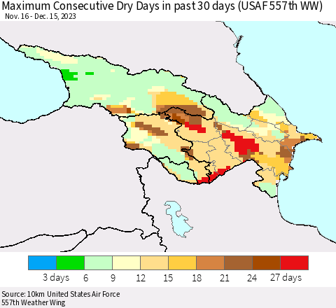 Azerbaijan, Armenia and Georgia Maximum Consecutive Dry Days in past 30 days (USAF 557th WW) 12/15/2023 Thematic Map For 12/11/2023 - 12/15/2023