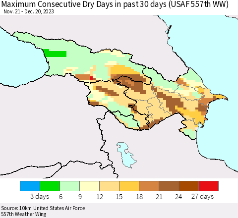 Azerbaijan, Armenia and Georgia Maximum Consecutive Dry Days in past 30 days (USAF 557th WW) 12/20/2023 Thematic Map For 12/16/2023 - 12/20/2023