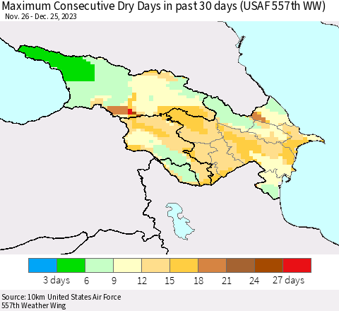 Azerbaijan, Armenia and Georgia Maximum Consecutive Dry Days in past 30 days (USAF 557th WW) 12/25/2023 Thematic Map For 12/21/2023 - 12/25/2023
