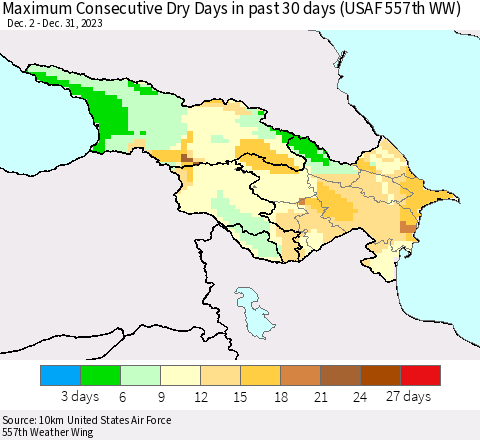 Azerbaijan, Armenia and Georgia Maximum Consecutive Dry Days in past 30 days (USAF 557th WW) 12/31/2023 Thematic Map For 12/26/2023 - 12/31/2023