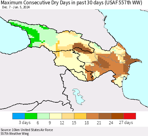Azerbaijan, Armenia and Georgia Maximum Consecutive Dry Days in past 30 days (USAF 557th WW) 01/05/2024 Thematic Map For 1/1/2024 - 1/5/2024