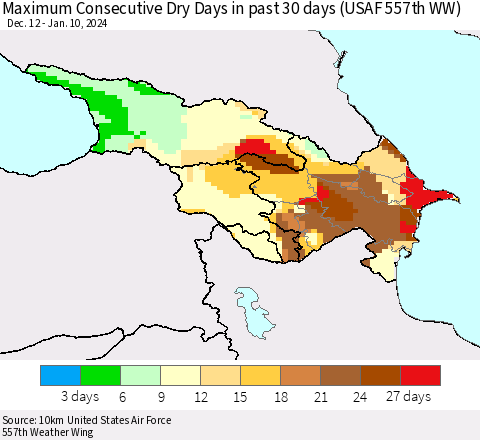Azerbaijan, Armenia and Georgia Maximum Consecutive Dry Days in past 30 days (USAF 557th WW) 01/10/2024 Thematic Map For 1/6/2024 - 1/10/2024