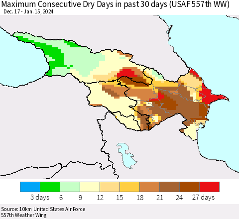 Azerbaijan, Armenia and Georgia Maximum Consecutive Dry Days in past 30 days (USAF 557th WW) 01/15/2024 Thematic Map For 1/11/2024 - 1/15/2024
