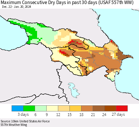 Azerbaijan, Armenia and Georgia Maximum Consecutive Dry Days in past 30 days (USAF 557th WW) 01/20/2024 Thematic Map For 1/16/2024 - 1/20/2024