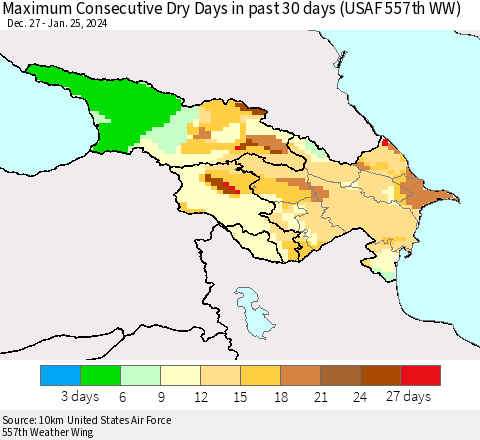 Azerbaijan, Armenia and Georgia Maximum Consecutive Dry Days in past 30 days (USAF 557th WW) 01/25/2024 Thematic Map For 1/21/2024 - 1/25/2024