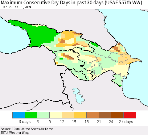 Azerbaijan, Armenia and Georgia Maximum Consecutive Dry Days in past 30 days (USAF 557th WW) 01/31/2024 Thematic Map For 1/26/2024 - 1/31/2024