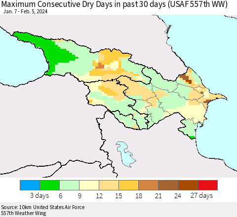 Azerbaijan, Armenia and Georgia Maximum Consecutive Dry Days in past 30 days (USAF 557th WW) 02/05/2024 Thematic Map For 2/1/2024 - 2/5/2024