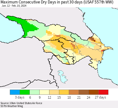 Azerbaijan, Armenia and Georgia Maximum Consecutive Dry Days in past 30 days (USAF 557th WW) 02/10/2024 Thematic Map For 2/6/2024 - 2/10/2024