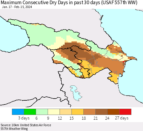 Azerbaijan, Armenia and Georgia Maximum Consecutive Dry Days in past 30 days (USAF 557th WW) 02/15/2024 Thematic Map For 2/11/2024 - 2/15/2024