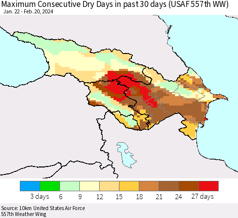 Azerbaijan, Armenia and Georgia Maximum Consecutive Dry Days in past 30 days (USAF 557th WW) 02/20/2024 Thematic Map For 2/16/2024 - 2/20/2024