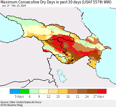 Azerbaijan, Armenia and Georgia Maximum Consecutive Dry Days in past 30 days (USAF 557th WW) 02/25/2024 Thematic Map For 2/21/2024 - 2/25/2024