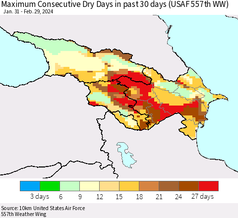 Azerbaijan, Armenia and Georgia Maximum Consecutive Dry Days in past 30 days (USAF 557th WW) 02/29/2024 Thematic Map For 2/26/2024 - 2/29/2024