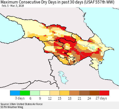 Azerbaijan, Armenia and Georgia Maximum Consecutive Dry Days in past 30 days (USAF 557th WW) 03/05/2024 Thematic Map For 3/1/2024 - 3/5/2024