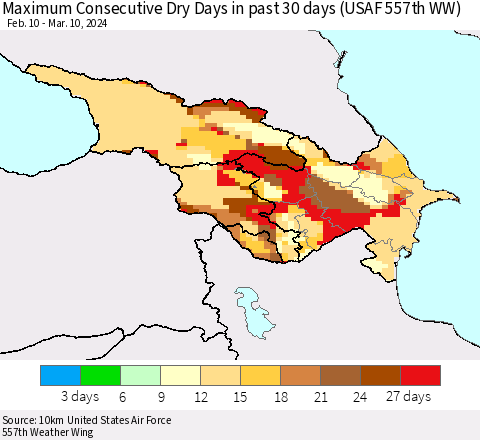 Azerbaijan, Armenia and Georgia Maximum Consecutive Dry Days in past 30 days (USAF 557th WW) 03/10/2024 Thematic Map For 3/6/2024 - 3/10/2024