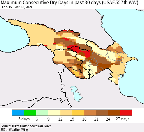 Azerbaijan, Armenia and Georgia Maximum Consecutive Dry Days in past 30 days (USAF 557th WW) 03/15/2024 Thematic Map For 3/11/2024 - 3/15/2024