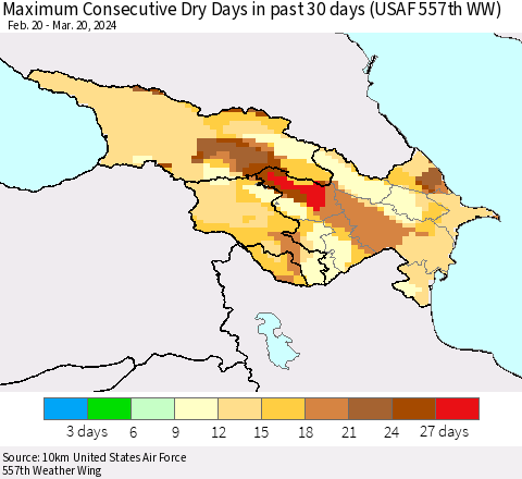 Azerbaijan, Armenia and Georgia Maximum Consecutive Dry Days in past 30 days (USAF 557th WW) 03/20/2024 Thematic Map For 3/16/2024 - 3/20/2024