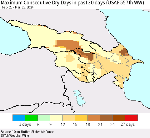 Azerbaijan, Armenia and Georgia Maximum Consecutive Dry Days in past 30 days (USAF 557th WW) 03/25/2024 Thematic Map For 3/21/2024 - 3/25/2024