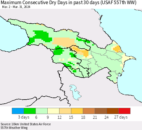 Azerbaijan, Armenia and Georgia Maximum Consecutive Dry Days in past 30 days (USAF 557th WW) 03/31/2024 Thematic Map For 3/26/2024 - 3/31/2024