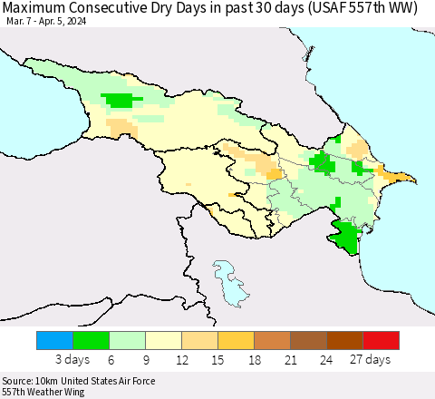 Azerbaijan, Armenia and Georgia Maximum Consecutive Dry Days in past 30 days (USAF 557th WW) 04/05/2024 Thematic Map For 4/1/2024 - 4/5/2024