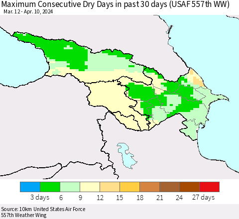 Azerbaijan, Armenia and Georgia Maximum Consecutive Dry Days in past 30 days (USAF 557th WW) 04/10/2024 Thematic Map For 4/6/2024 - 4/10/2024