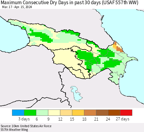 Azerbaijan, Armenia and Georgia Maximum Consecutive Dry Days in past 30 days (USAF 557th WW) 04/15/2024 Thematic Map For 4/11/2024 - 4/15/2024