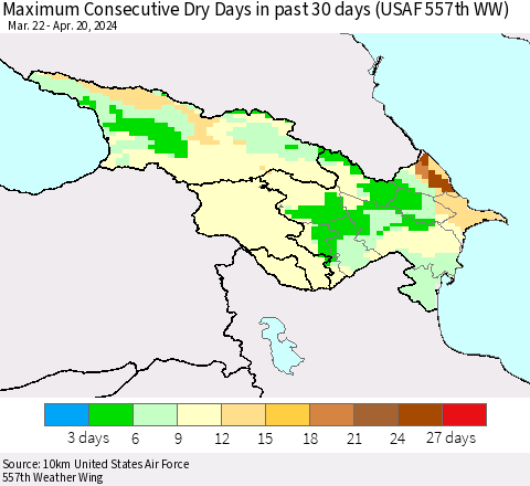 Azerbaijan, Armenia and Georgia Maximum Consecutive Dry Days in past 30 days (USAF 557th WW) 04/20/2024 Thematic Map For 4/16/2024 - 4/20/2024